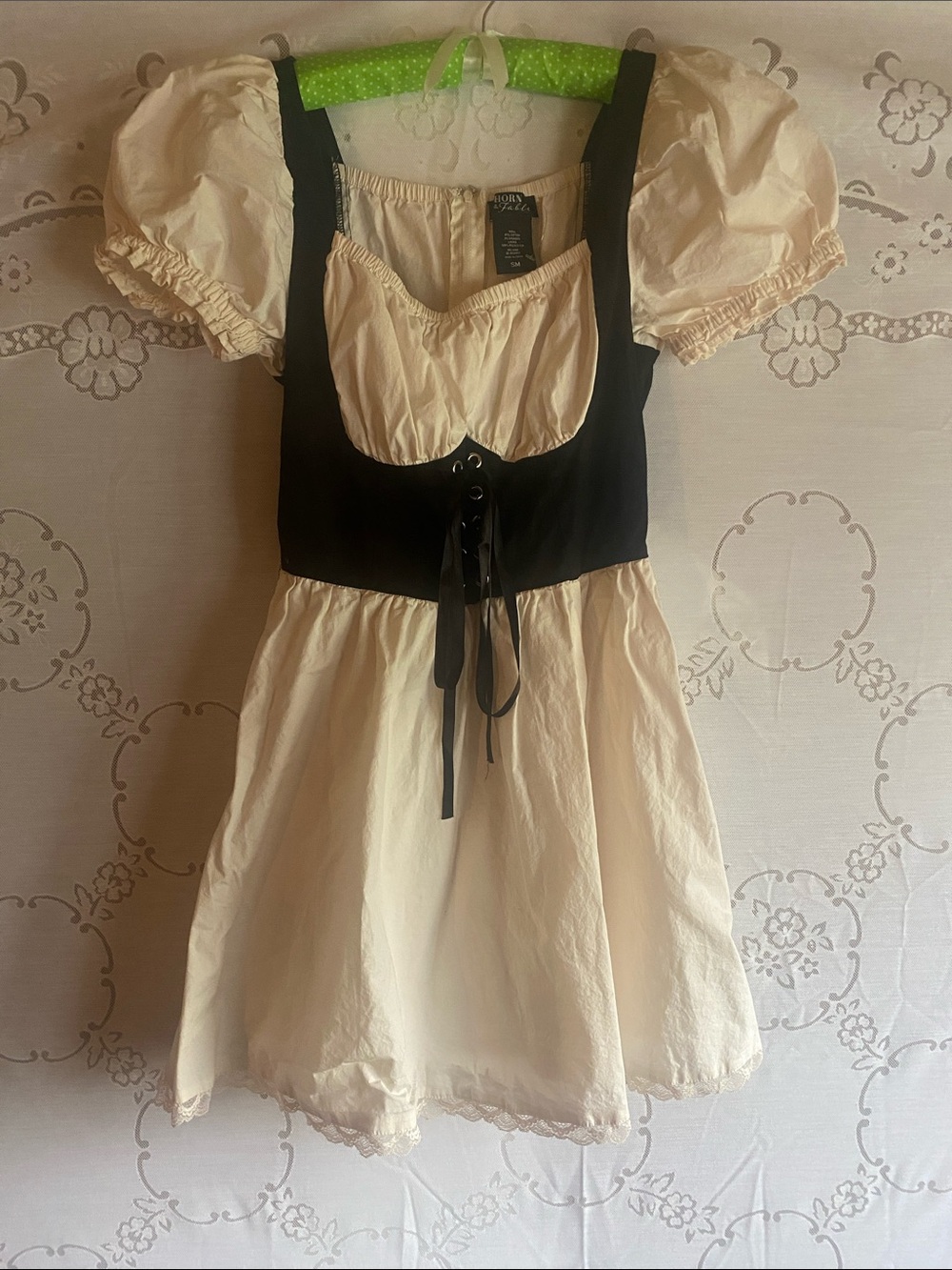 Cream Puff-Sleeve Dress with Black Lace-Up Bodice